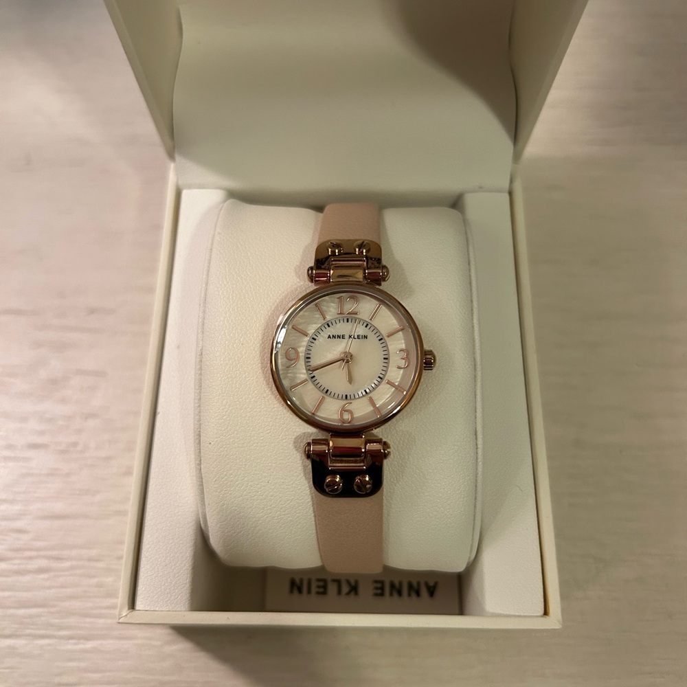 Anne Klein Rose Gold Watch with Beige Leather Strap